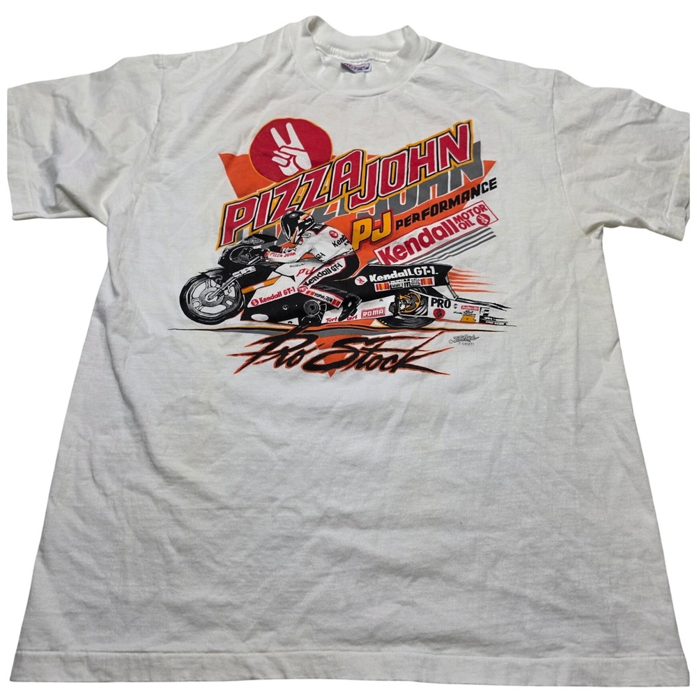 Vintage Hanes Beefy-T Pizza John Racing Pro Stock Motorcycle T-Shirt White Large